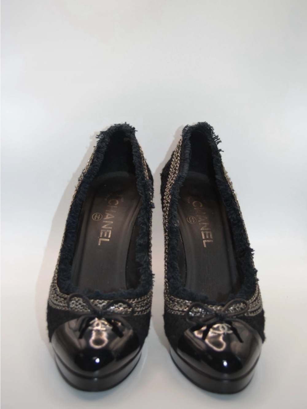 CHANEL Black Tweed Flats with Patent Cap Toe and CC Charm